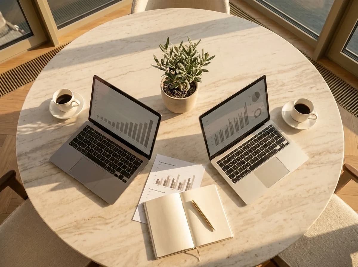 Stół z laptopami i raportami z rozliczeń najmu, widok z góry