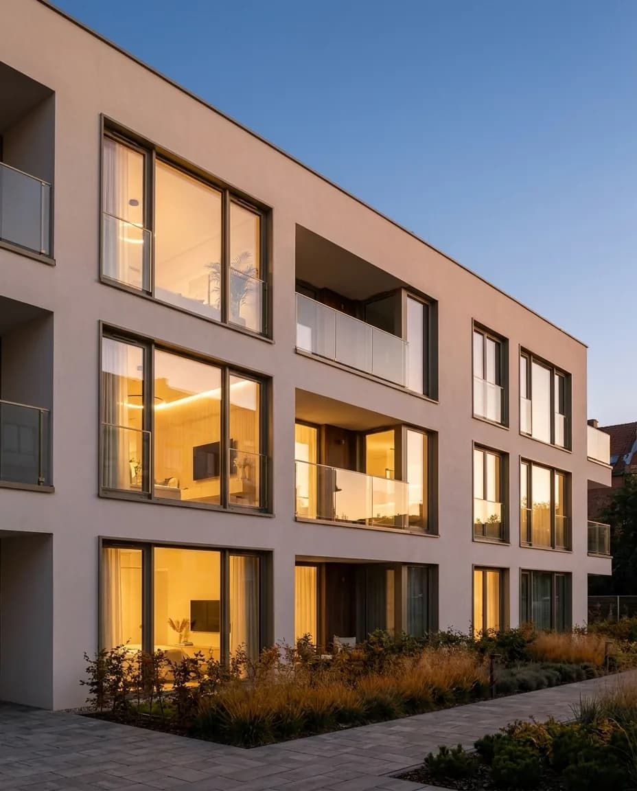 Nowoczesny budynek apartamentowy o zmierzchu z rozświetlonymi oknami