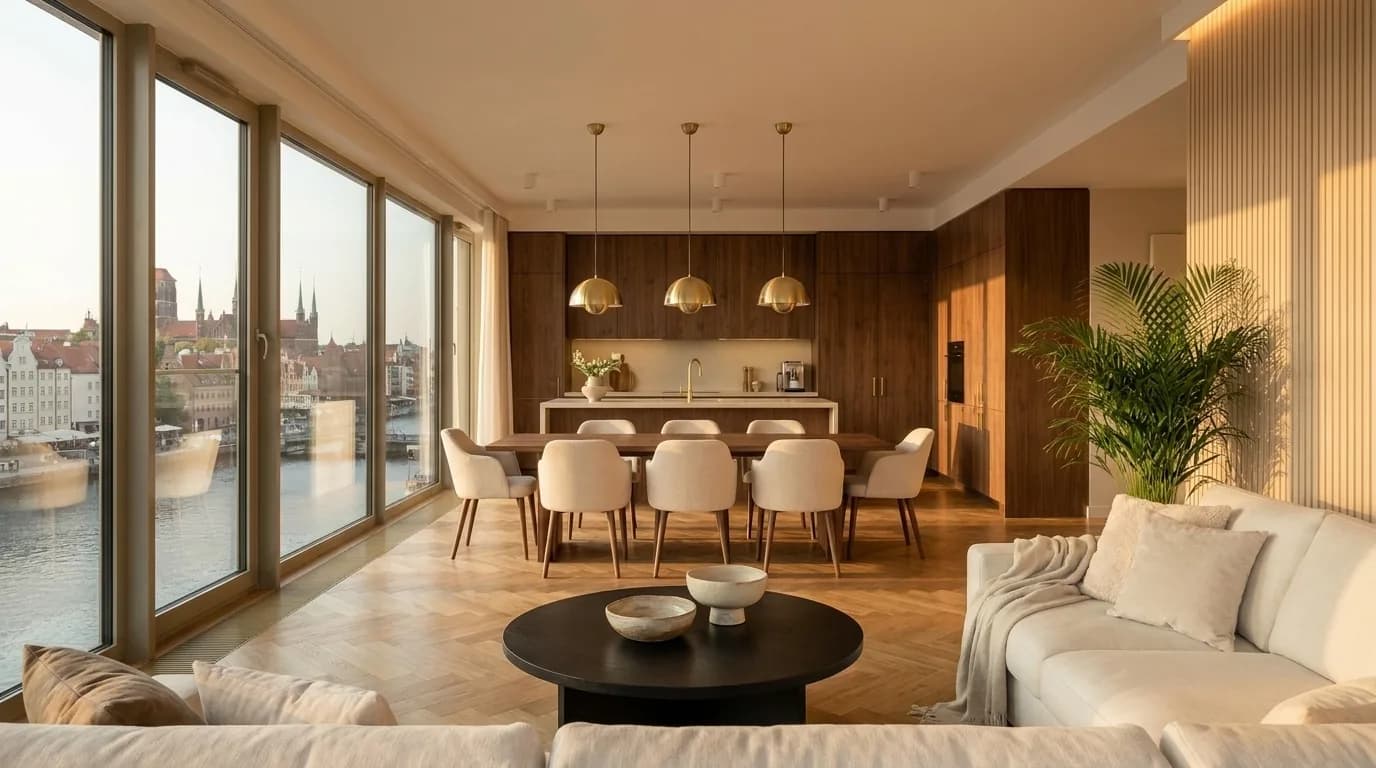 Salon połączony z jadalnią w apartamencie Master Estate, z widokiem na Motławę i Stare Miasto