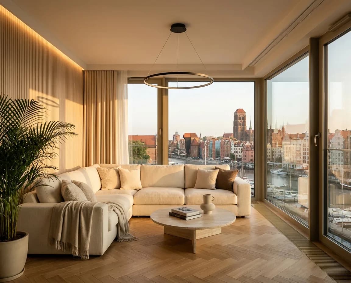 Salon apartamentu Master Estate z panoramą Starego Miasta w Gdańsku za panoramicznym oknem