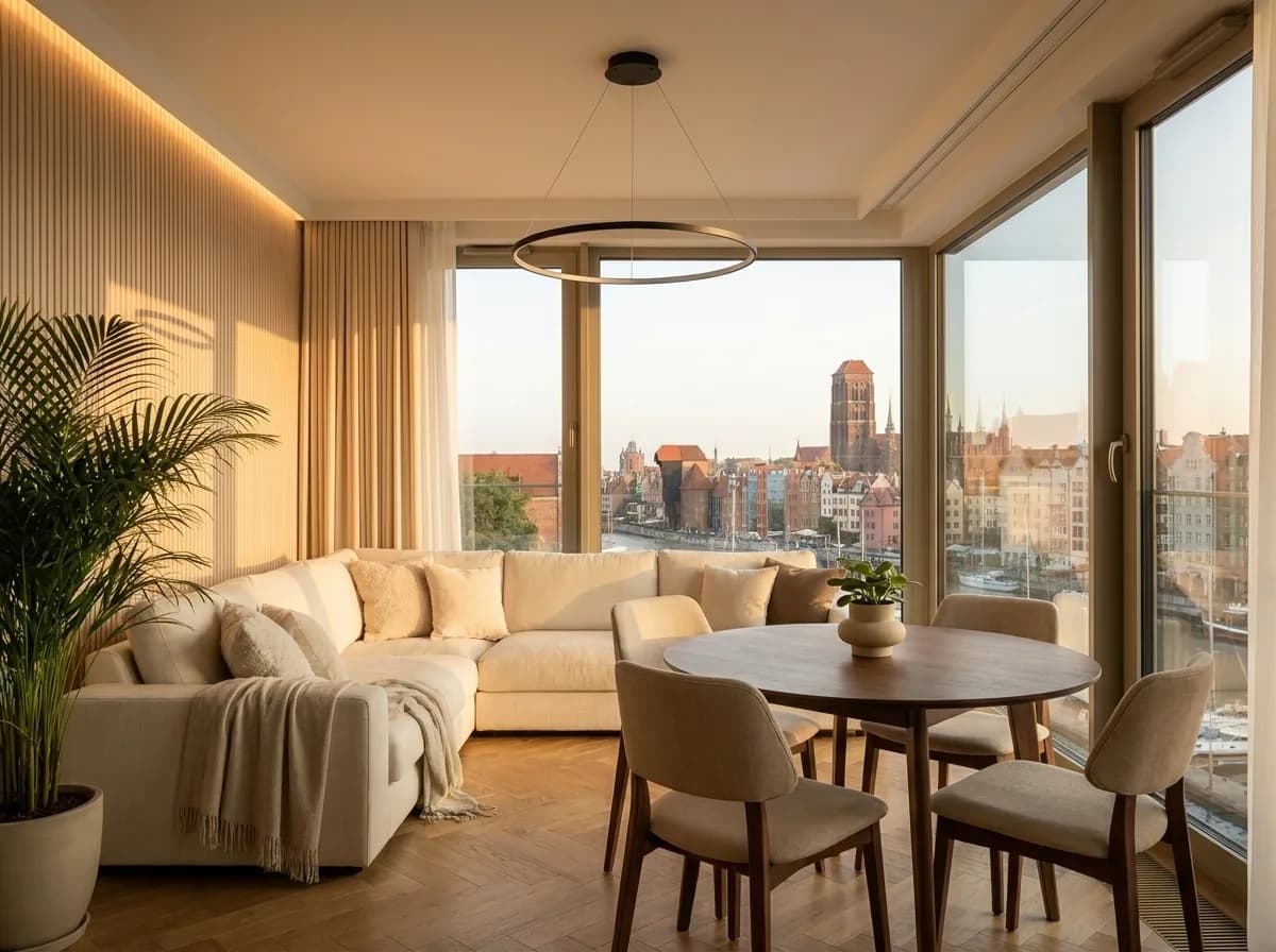 Jasny salon z częścią jadalną w apartamencie PerStay
